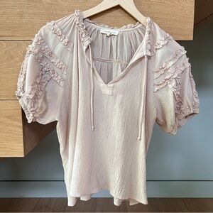 Sheer Pale Pink Gauze Ruffle Short Sleeve Blouse size small 100% cotton